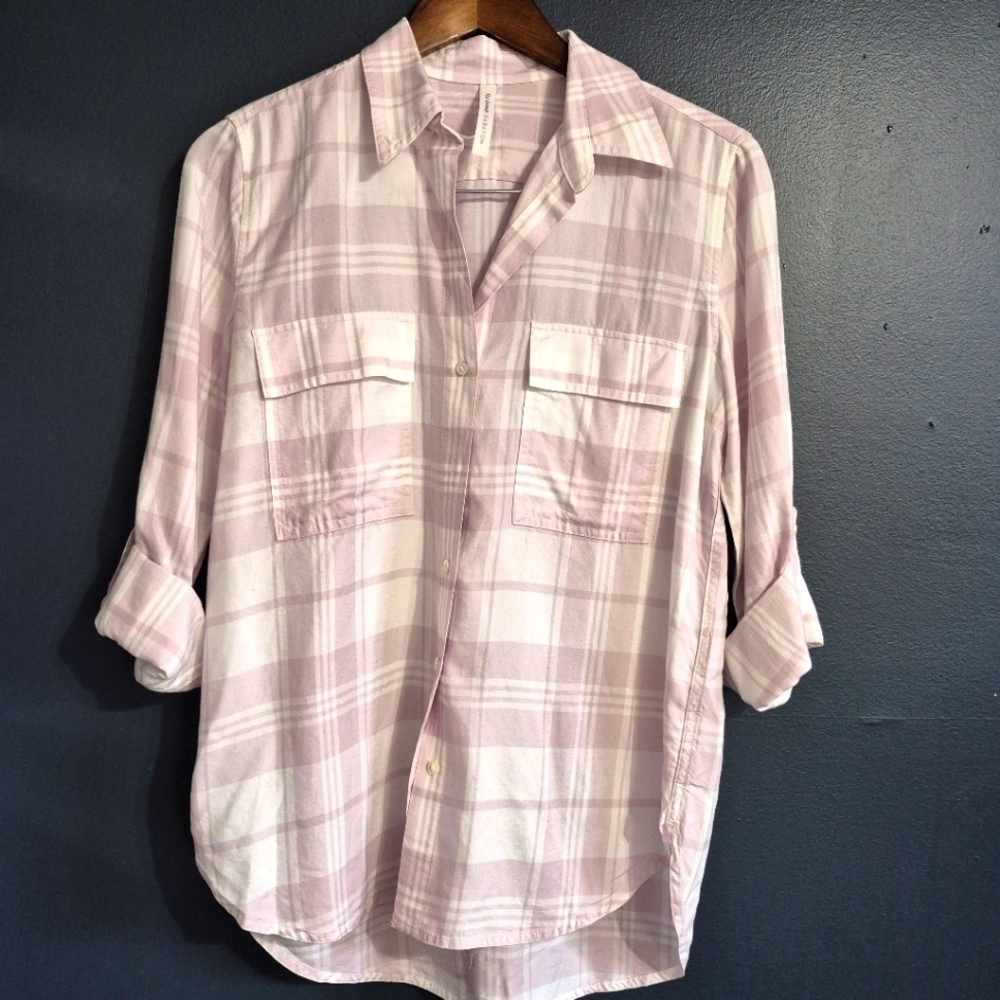 Babaton Aritzia Button Up Pink Plaid Shirt Roll Tab Sleeves XS
